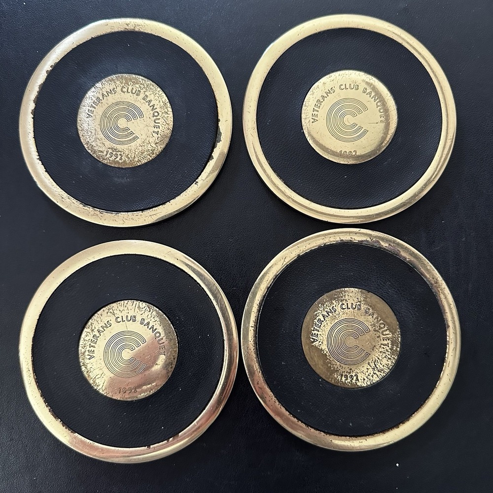 Set of 4 BTS Solid Brass Specialty Vintage Coasters Veterans Club Banquet 1992